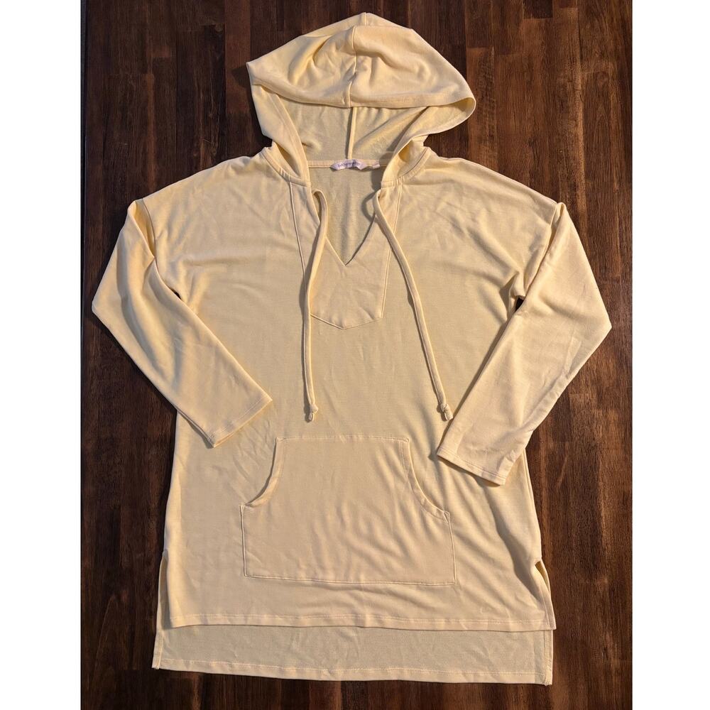 Soft Surroundings Women’s Medium Hoodie Tunic Pullover Top V Neck Mills